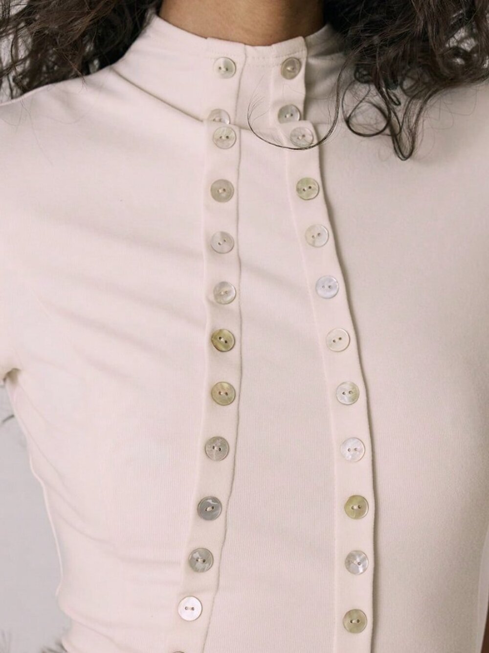 Cream Casual Women's Funnel Neck Asymmetric Double Button Fitted Top - Picture 2 of 4